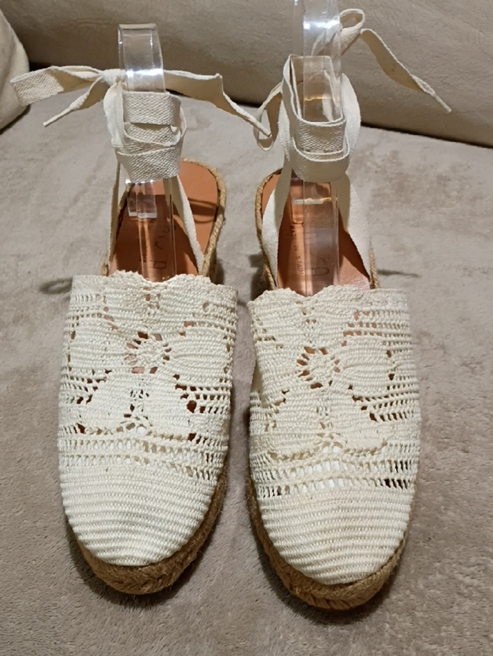 Unisa Cream Crochet Espadrille Wedge Sandals with Ankle Wrap - Picture 5 of 9
